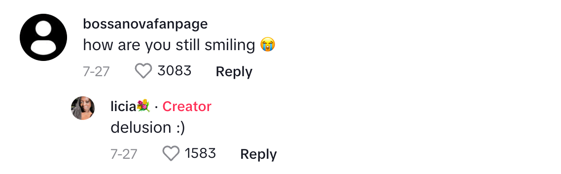 A commenter asking how Licia is still smiling considering the high costs