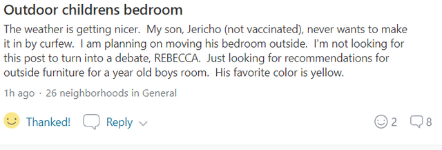 nextdoor app antivaxxer outdoor bedroom