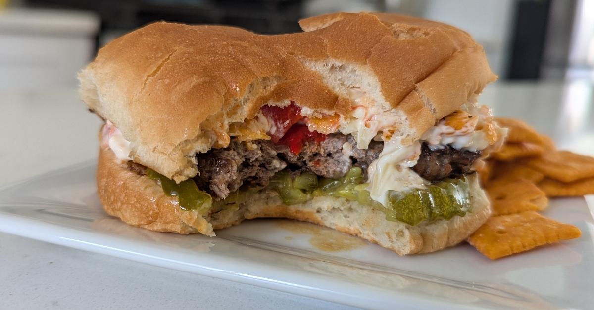 Cheez-It Burger with a bite taken out