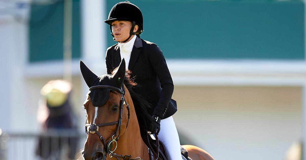 Mary-Kate Olsen riding in an equestrian competition in 2021