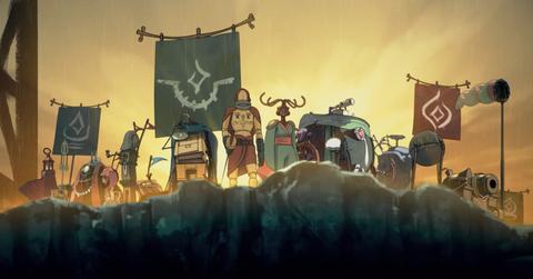 'Forgotlings' key art showing Fig and his comrades standing at a cliff.
