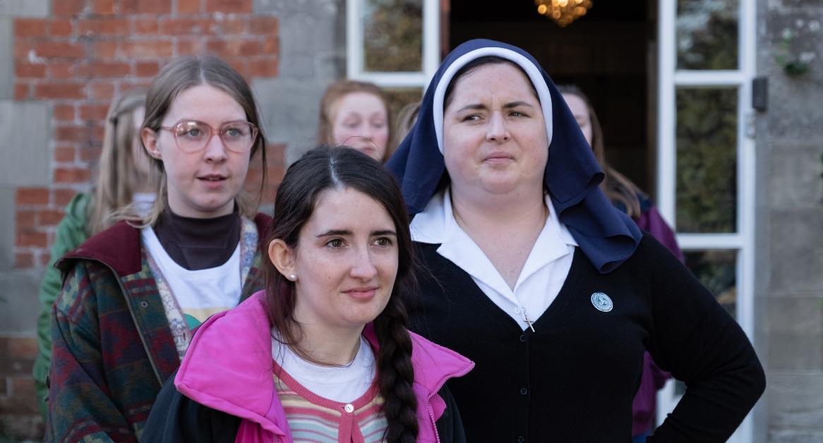 Beccy Henderson as Aisling, Leah O'Rourke as Jenny Joyce, and Siobhán McSweeney as Sister Michael in 'Derry Girls.'