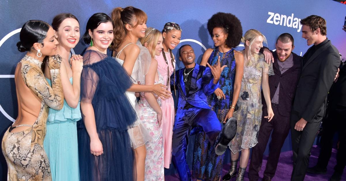 (l-r):Alexa Demie, Maude Apatow, Barbie Ferreira, Sydney Sweeney, Zendaya, Storm Reid, Algee Smith, Nika King, Hunter Schafer, Angus Cloud, Jacob Elordi