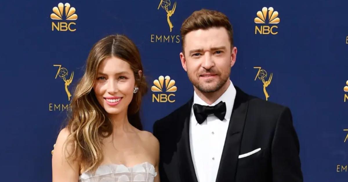 Justin Timberlake and Jessica Biel on the red carpet at the Emmy Awards.