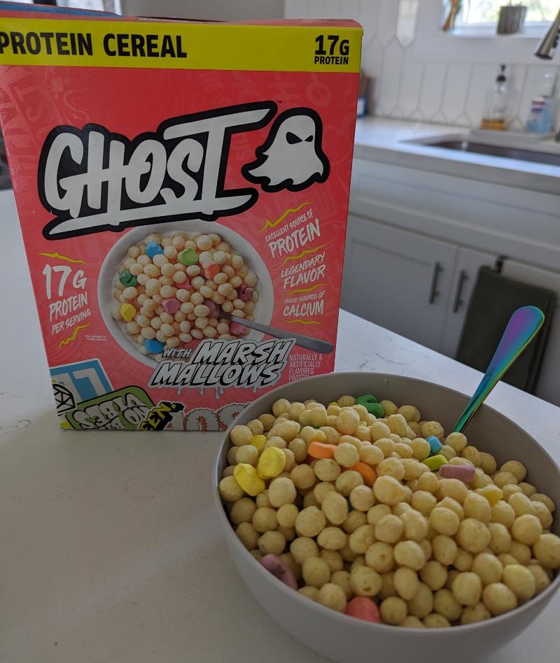 Ghost Protein With Marshmallows Cereal box with bowl of cereal