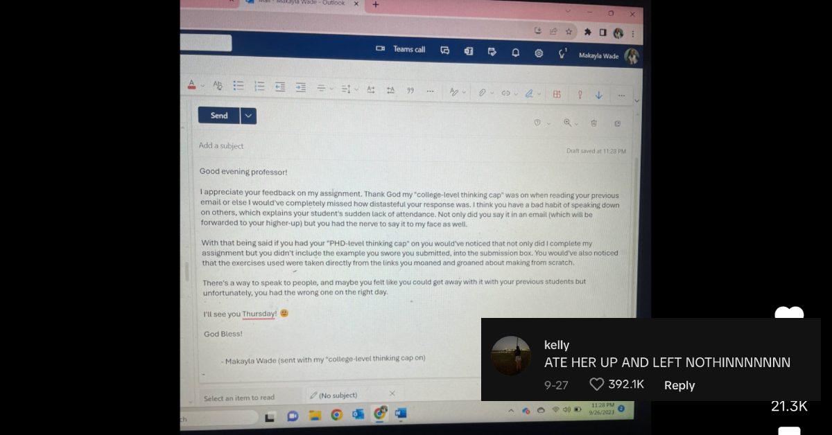 An email to a college professor on a computer screen