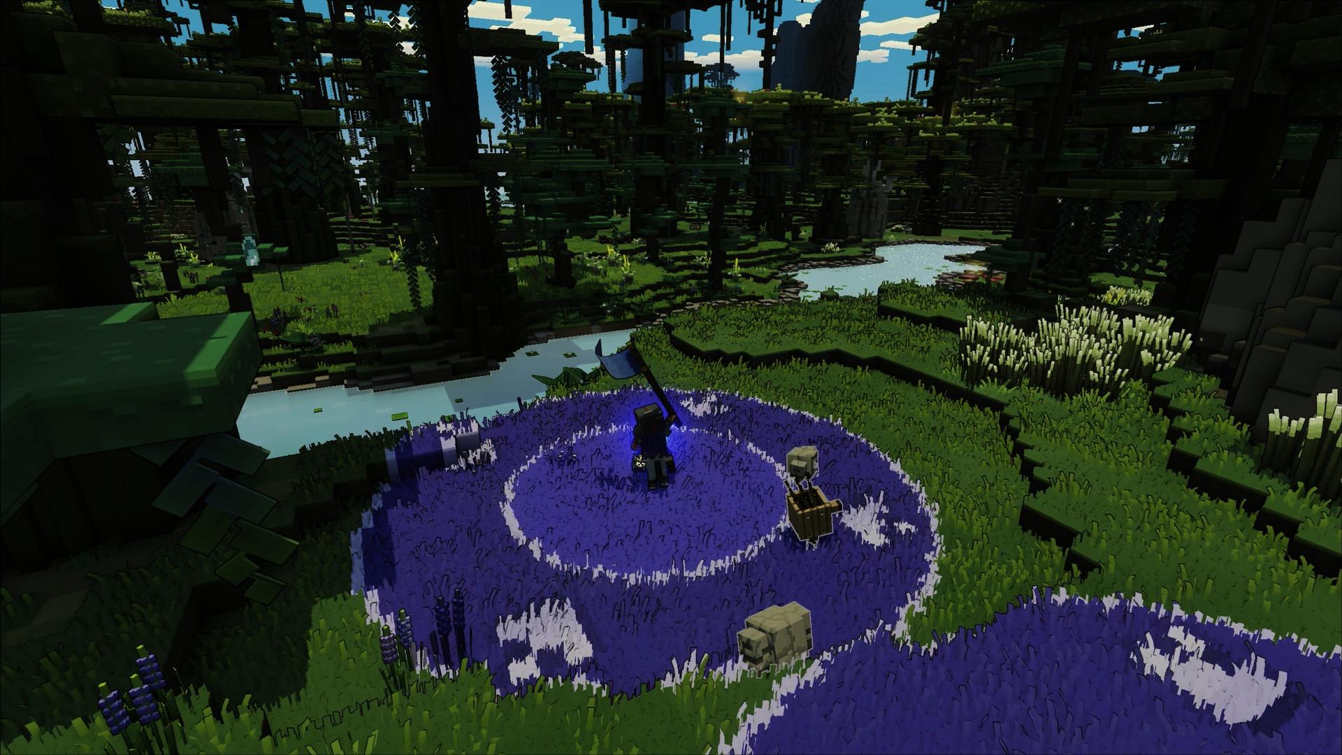 A Minecraft Legends player with a blue circle around them as they explore a forest.