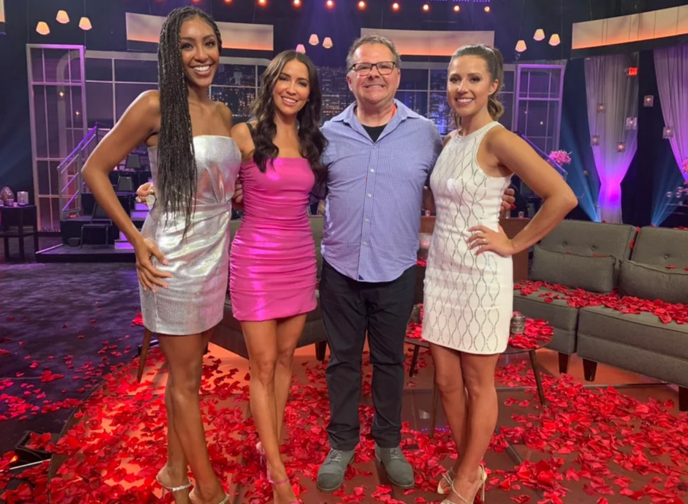 Comedian Gary Cannon on set of the "After the Finale Rose" special with Tayshia Adams, Kaitlyn Bristowe, and Katie Thurston.