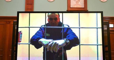 Alexei Navalny appearing at a trial via video from his prison cell.