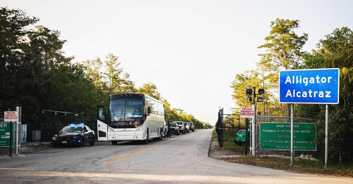 A bus arriving at Alligator Alcatraz in 2025. 