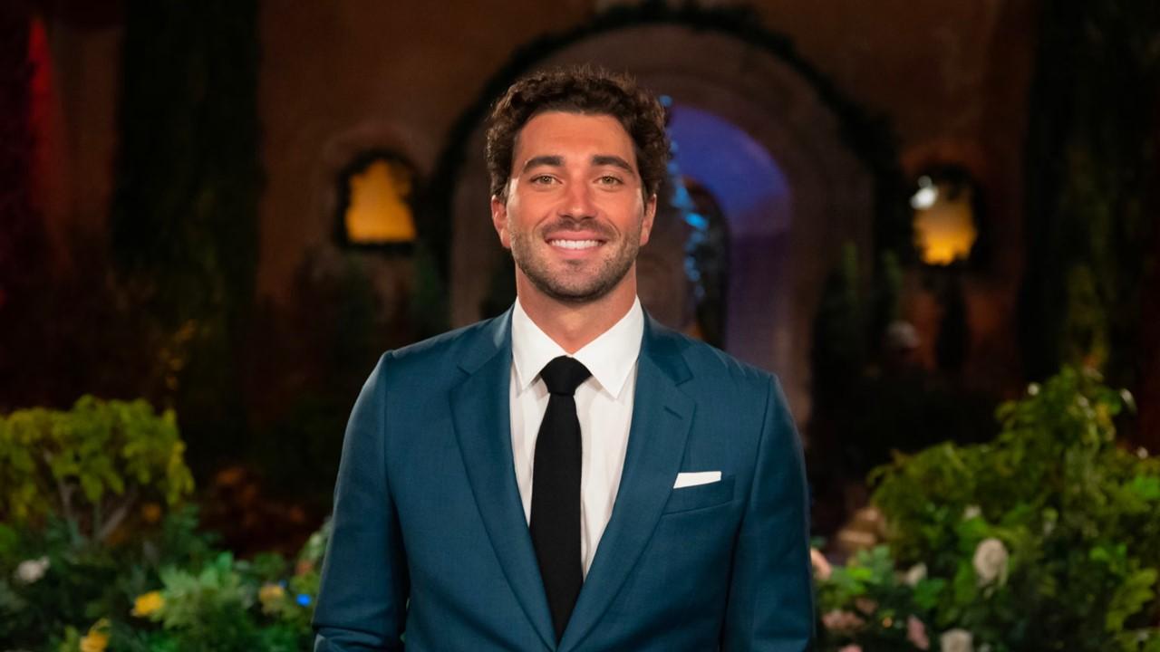 Joey Graziadei in front of 'The Bachelor' mansion