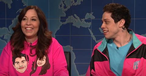 pete davidson and mother amy on saturday night live weekend update segment in 2019 - pete's mom wears pink hoodie with her and pete's faces on them