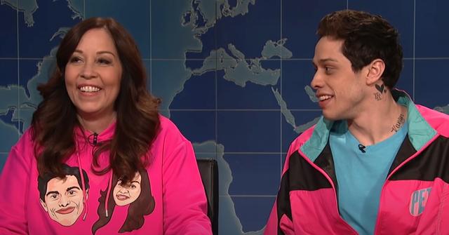 pete davidson and mother amy on saturday night live weekend update segment in 2019 - pete's mom wears pink hoodie with her and pete's faces on them