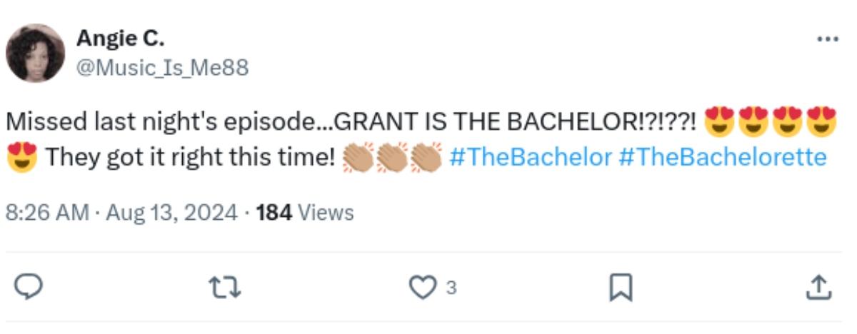 Tweet about Grant as The Bachelor lead