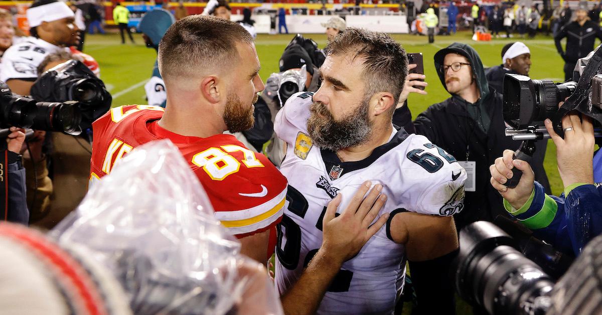 Jason Kelce #62 of the Philadelphia Eagles talks to brother Travis Kelce #87 of the Kansas City Chiefs after their game at GEHA Field at Arrowhead Stadium on November 20, 2023 in Kansas City, Miss.