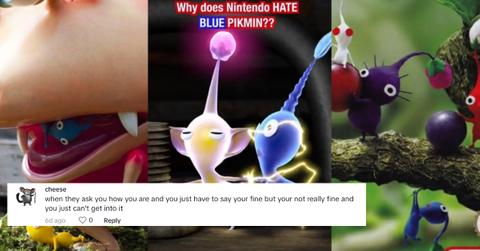 A collage depicting the Blue Pikmin in danger with a comment reading "when they ask you how you are and you just have to say you're fine but you're not really fine and you just can't get into it"