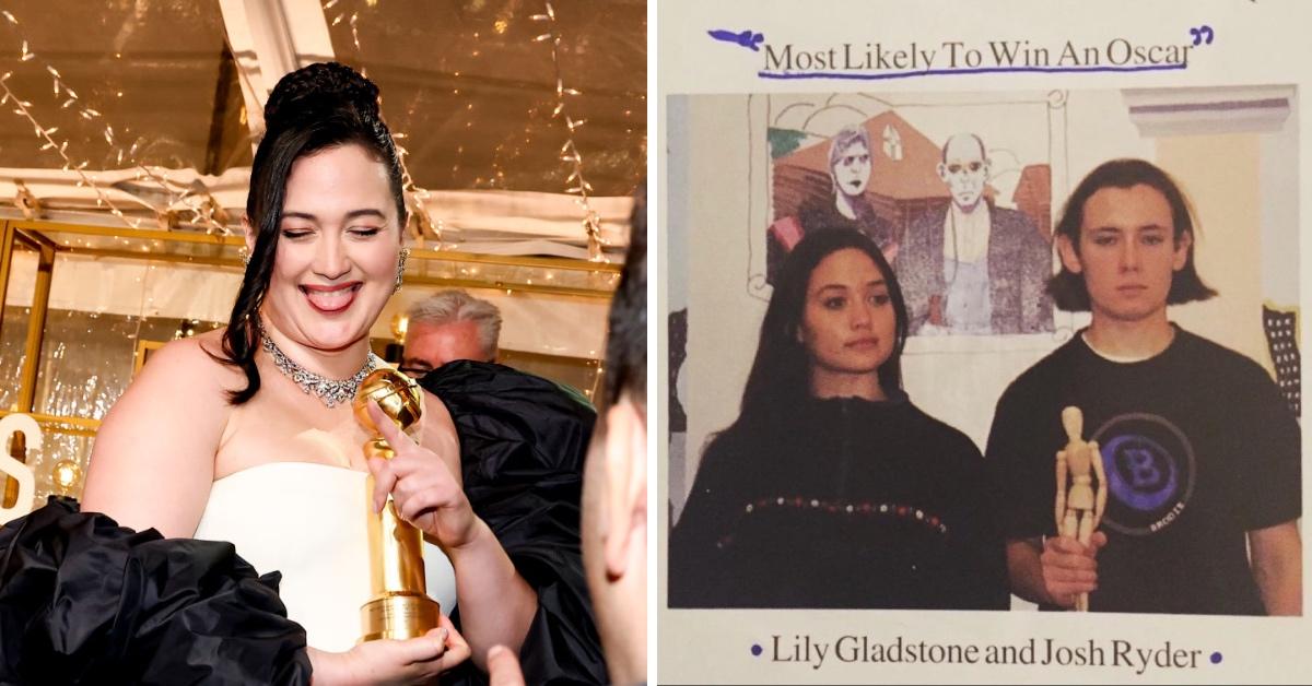 Lily Gladstone holding her Golden Globe, Lily and Josh Ryder in their high school yearbook