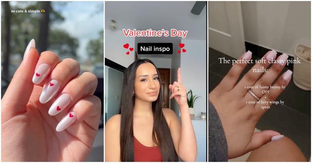 Valentine's Day glazed donut nails and classy soft pink nails.