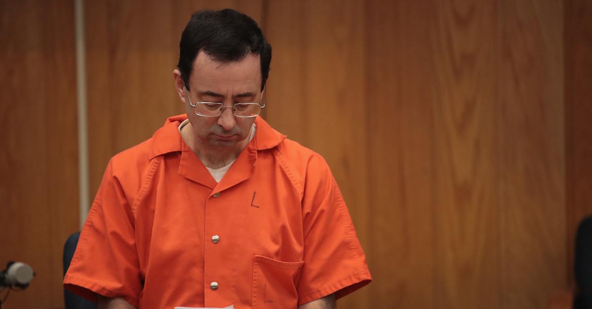 Larry Nassar in an orange jumpsuit at his sentencing hearing in February 2018. 