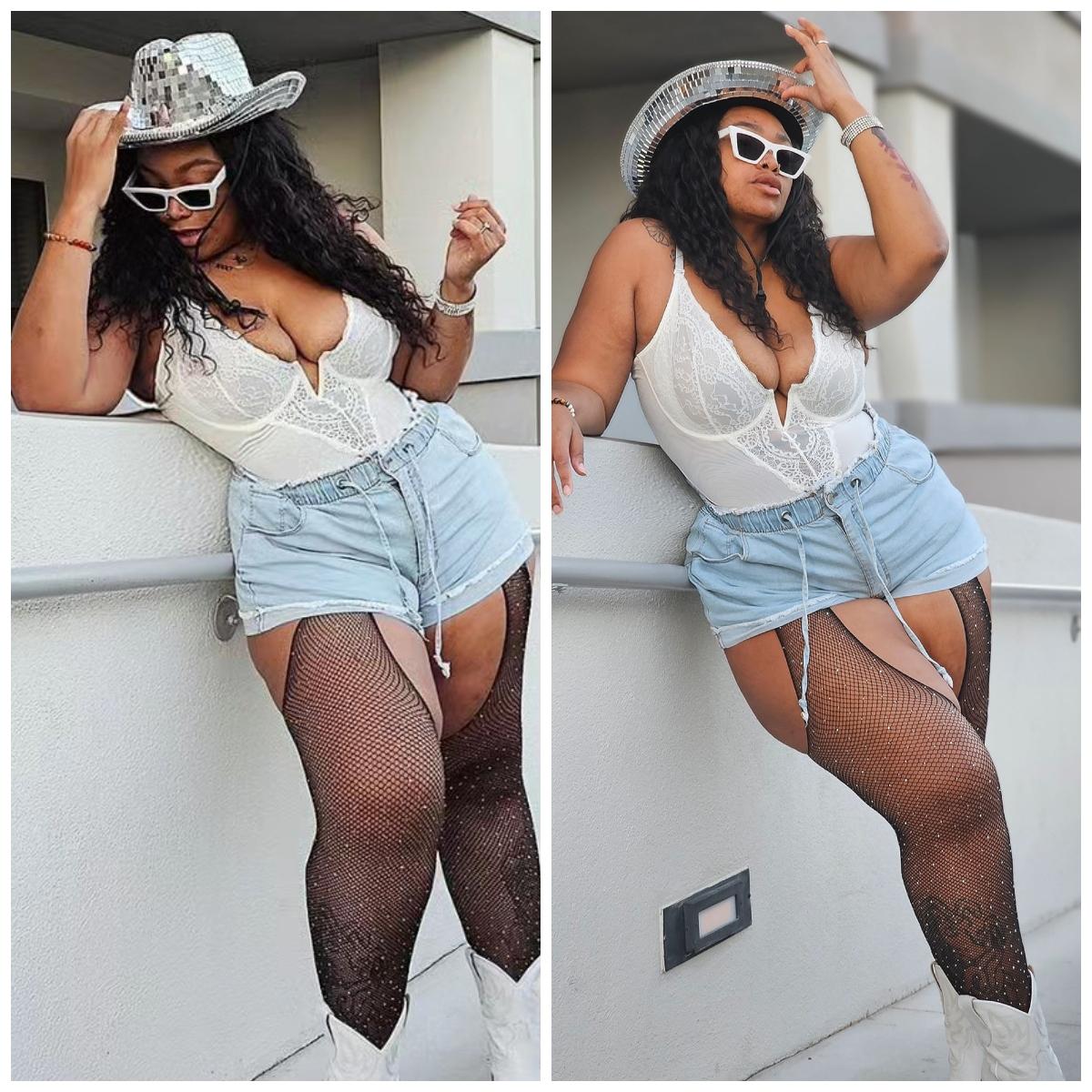 Woman wears disco ball cowboy hat, distressed fishnet stockings, white cowboy boots, and a white teddy, poses on concrete wall.