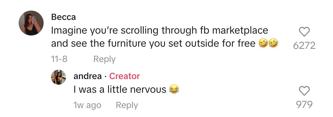 A commenter saying to imagine if you were scrolling through FB Marketplace and saw your free furniture for sale