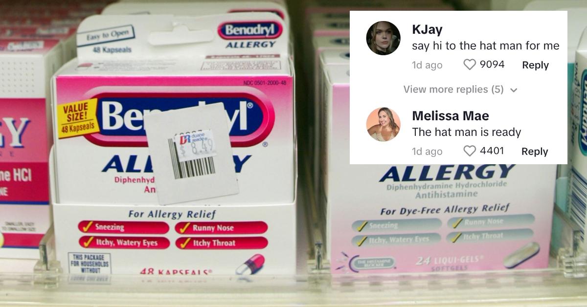 Boxes of Benadryl on a shelf and comments about the hat ma