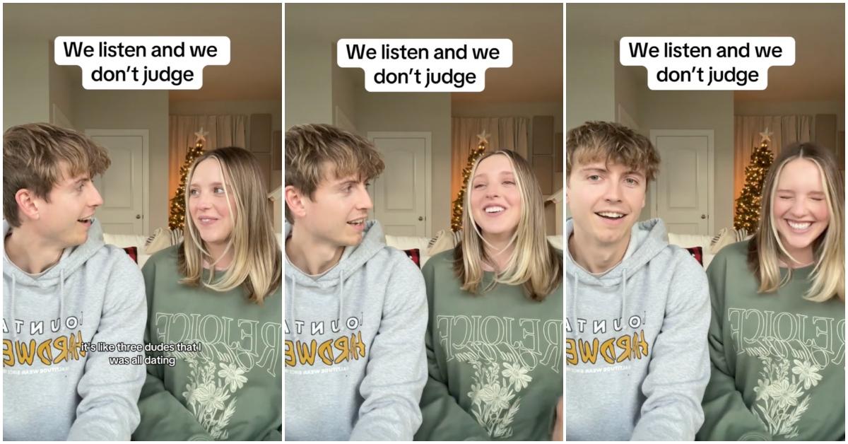 A couple is doing the "We Listen and We Don't Judge" TikTok challenge.