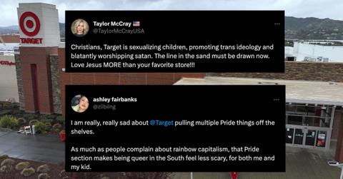 Tweets about Target's Pride Month collection with a Target store behind