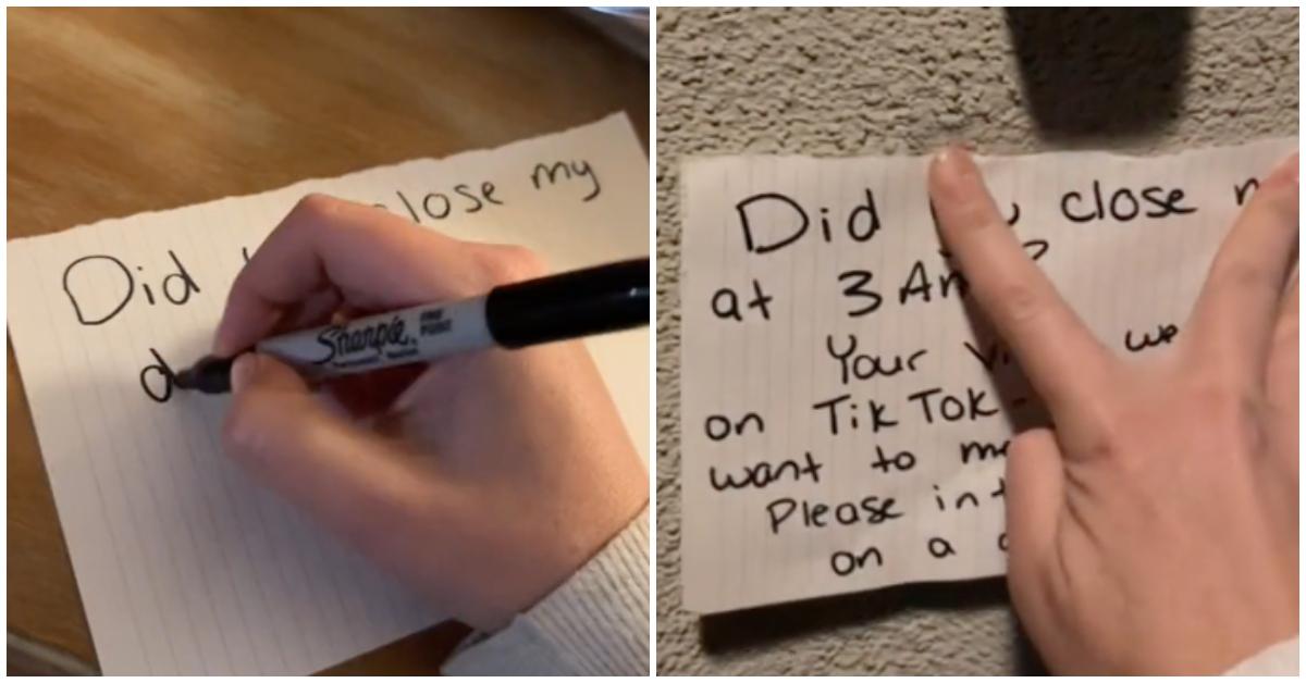 woman writes a note to man who closed her door while she was asleep