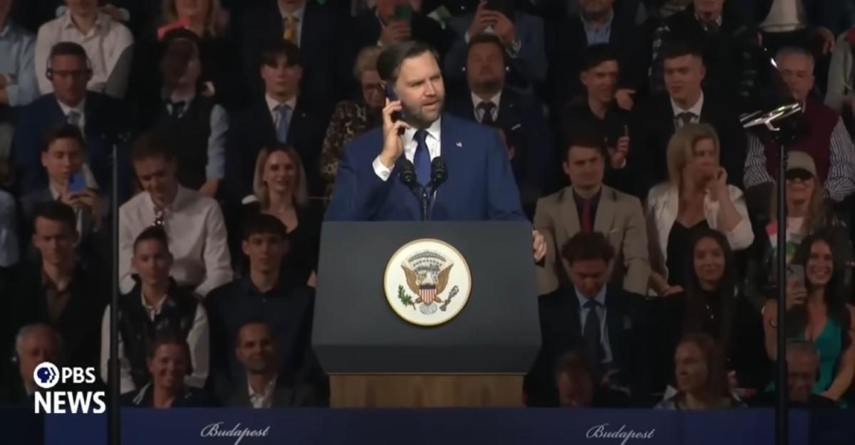 Vice President JD Vance calls President Trump during a speech at a re-election campaign event for Vikor Orban.