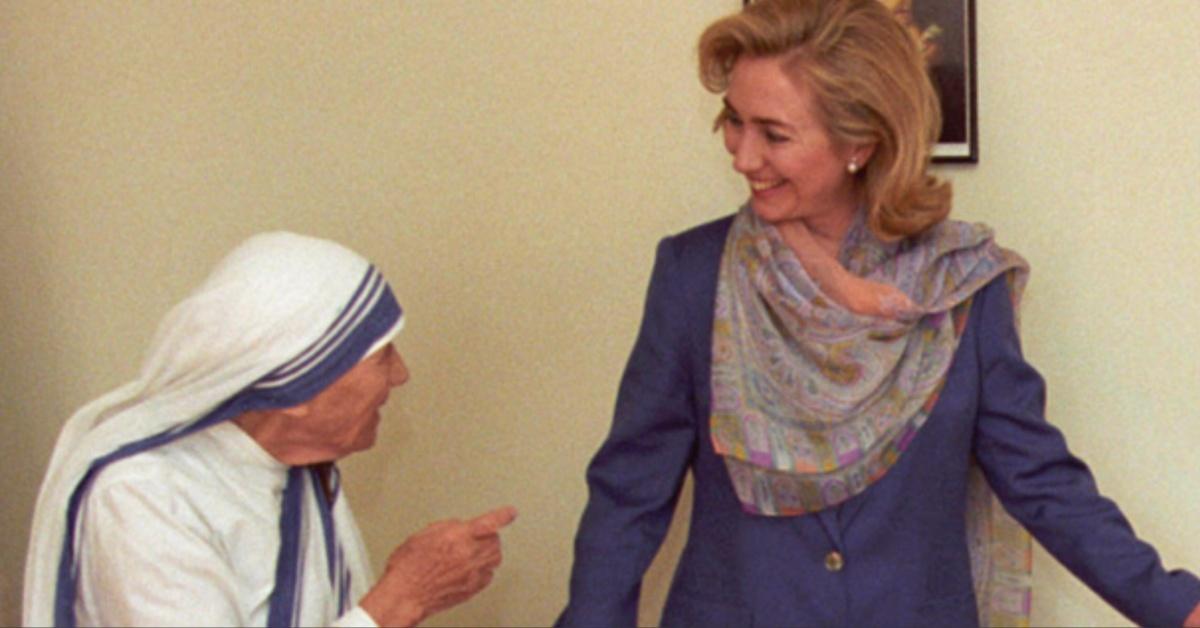 Mother Teresa and Hillary Clinton hold hands at Mother Teresa's Home for Infant Children in Washington D.C. June 19, 1995.