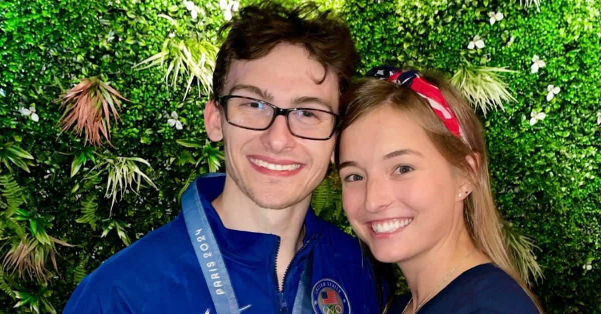 Stephen Nedoroscik and his longtime girlfriend, Tess McCracken, pose for a photo after his winning performance at the 2024 Paris Olympics.