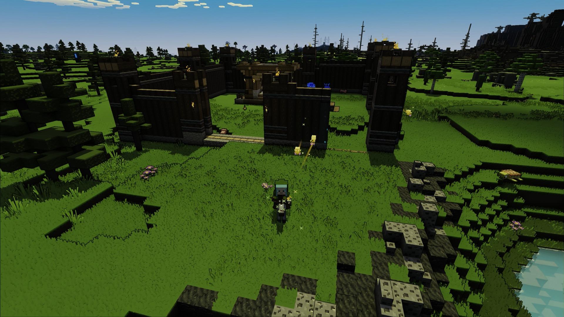A Minecraft Legends player exploring a grassy plains biome.