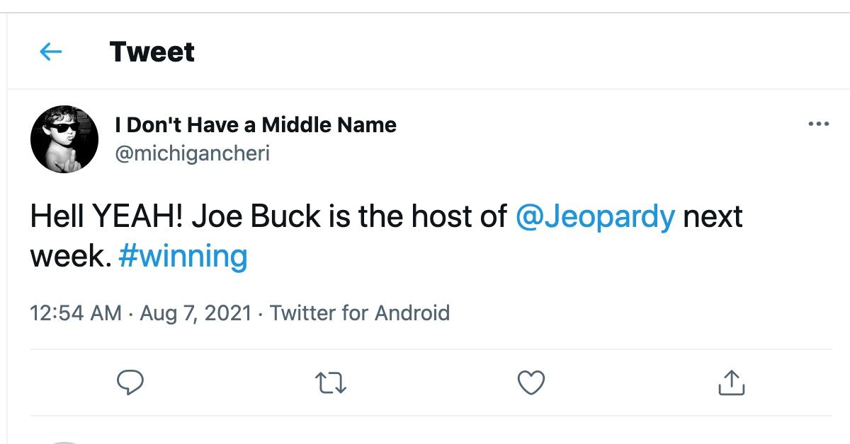 Tweet about Joe Buck's guest hosting stint on 'Jeopardy!'