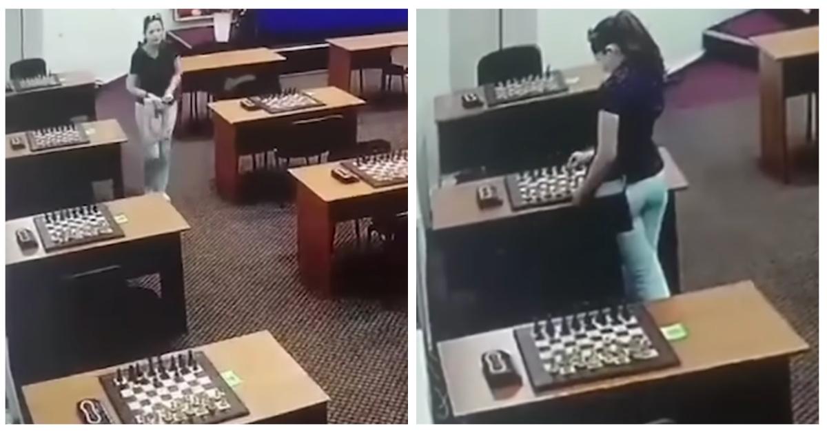 Surveillance footage of Amina Abakarova allegedly putting poison on a chess board