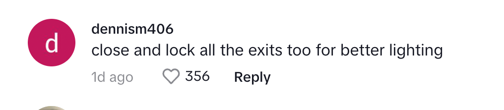 A commenter on Bridget's TikTok about covering exit signs for wedding photo aesthetic