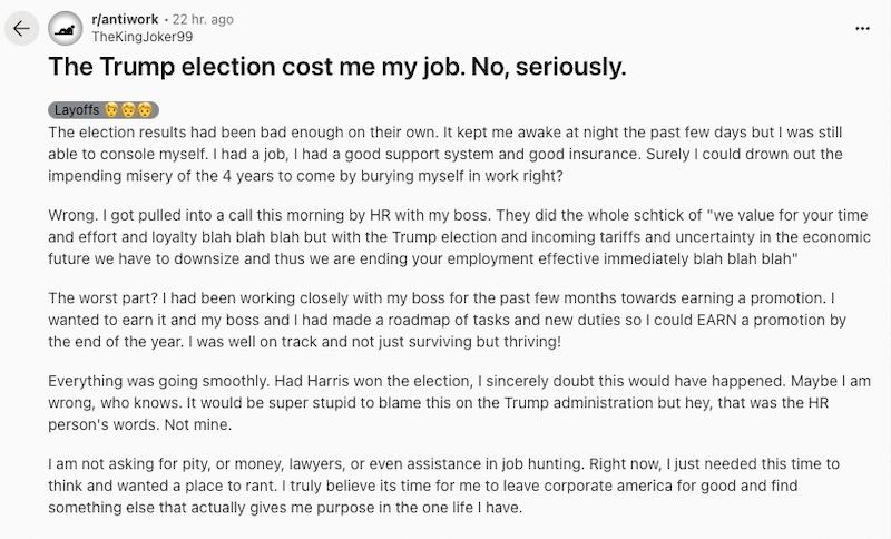 man fired trump election reddit