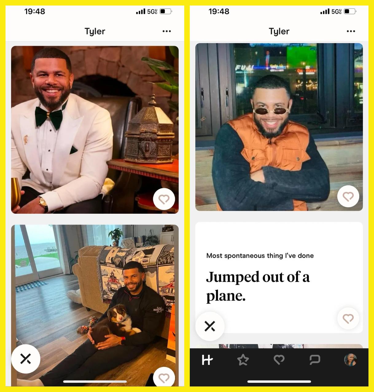 Screenshots from Tyler Francis's Hinge profile.