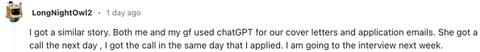A comment on a Reddit post regarding chatgpt getting a person their dream job