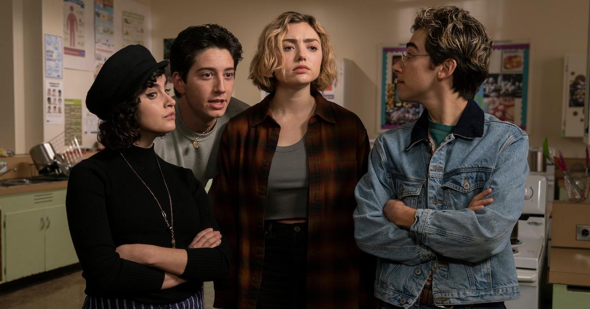 Sarah Yarkin as Rhonda, Milo Manheim as Wally, Peyton List as Maddie and Nick Pugliese as Charley in season 1, episode 7 of the Paramount+ series SCHOOL SPIRITS