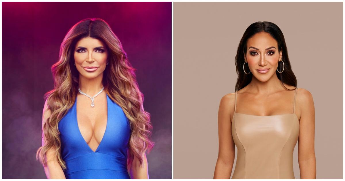 (l-r): Teresa Giudice and Melissa Gorga posing for 'RHONJ' in blue and tan dresses.