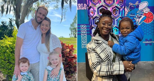 Doug and Jamie Hehner with their kids and Deonna Okotie with her son Declan