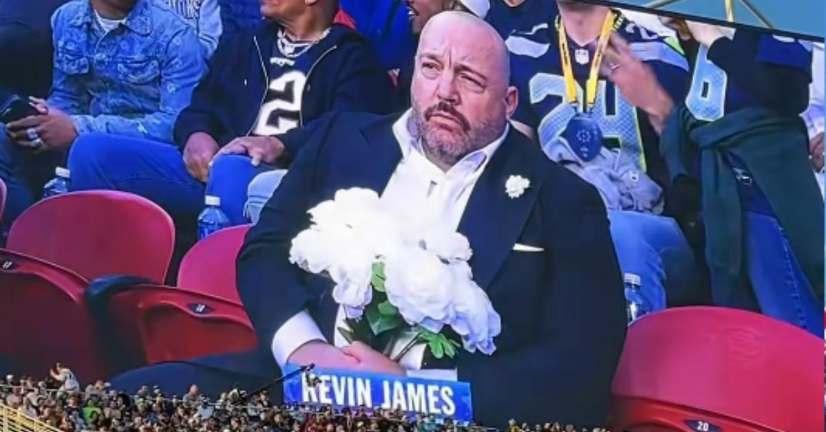 Kevin James on the jumbo-tron at the Super Bowl.