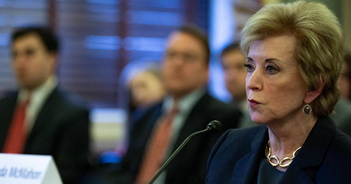 Linda McMahon talking into a microphone