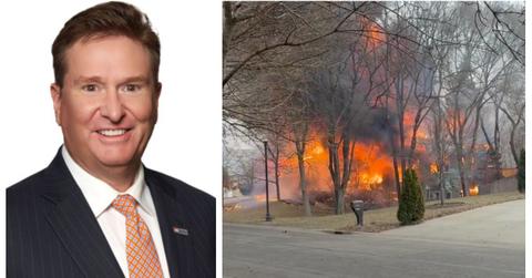 (L-R): Terry Dolan; House burning after plane crash