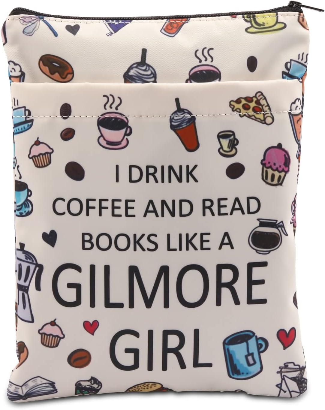 A white book sleeve with coffee and pastries that reads "I drink coffee and read books like a gilmore girl"