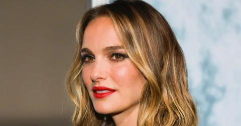 A closeup of Natalie Portman wearing red lipstick.