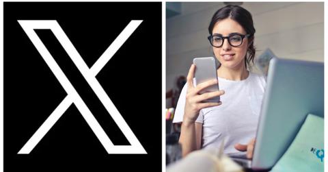 (L-R): The X logo; Woman staring at her phone
