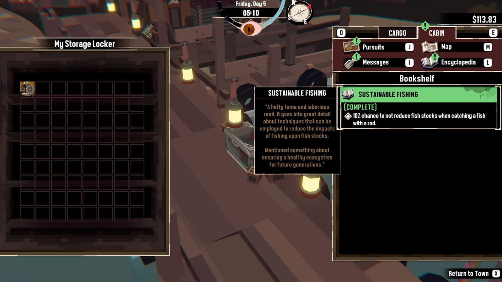 'Dredge' Menu screens showing the bookshelf and storage locker for players to use.