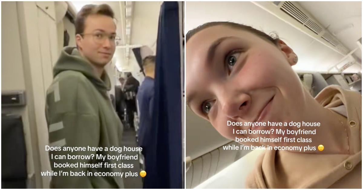 TikTok about boyfriend booking himself first class seat on flight.